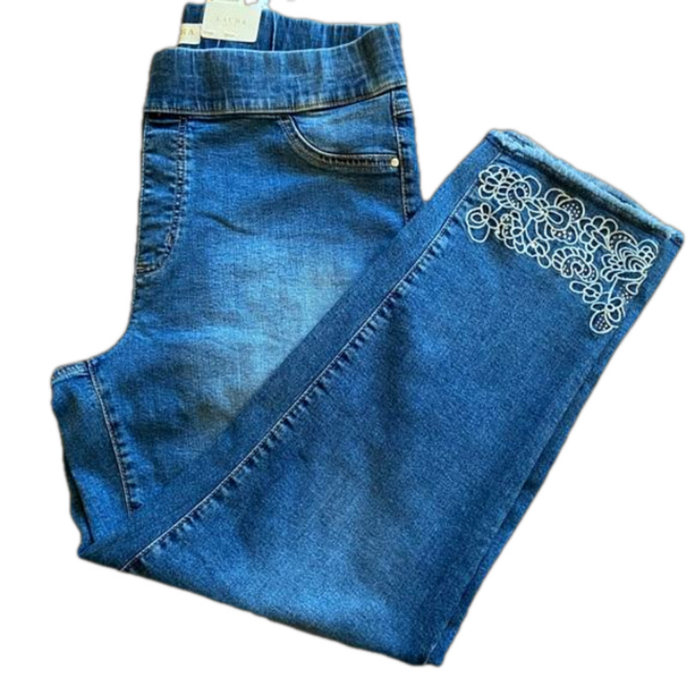 🆕 NWT Laura Plus Size 16 embroidered Embellished-Hem Ankle Jeans frayed hem